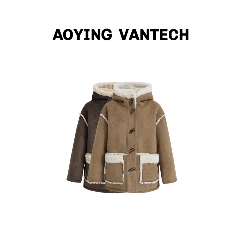 AOYING VANTECH【中古牛角扣】甜美减龄连帽毛毛保暖加厚加绒外套