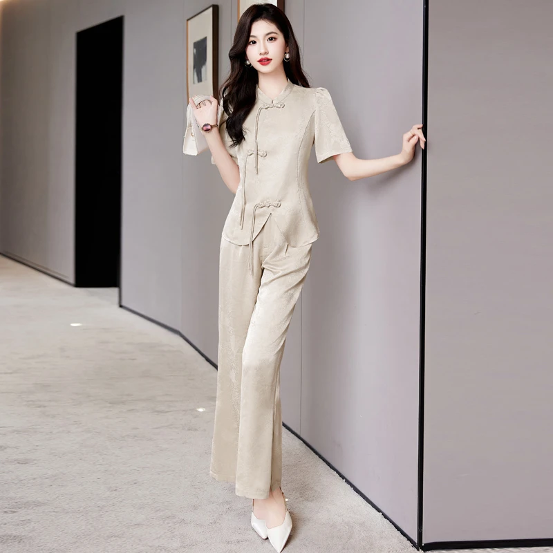 新中式国风套装女2025夏季新款高端气质职业改良旗袍阔腿裤两件套