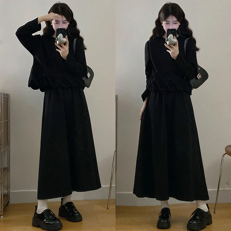 大码胖mm秋冬新款宽松遮肉卫衣套装裙荷叶边上衣半身裙两件套装女