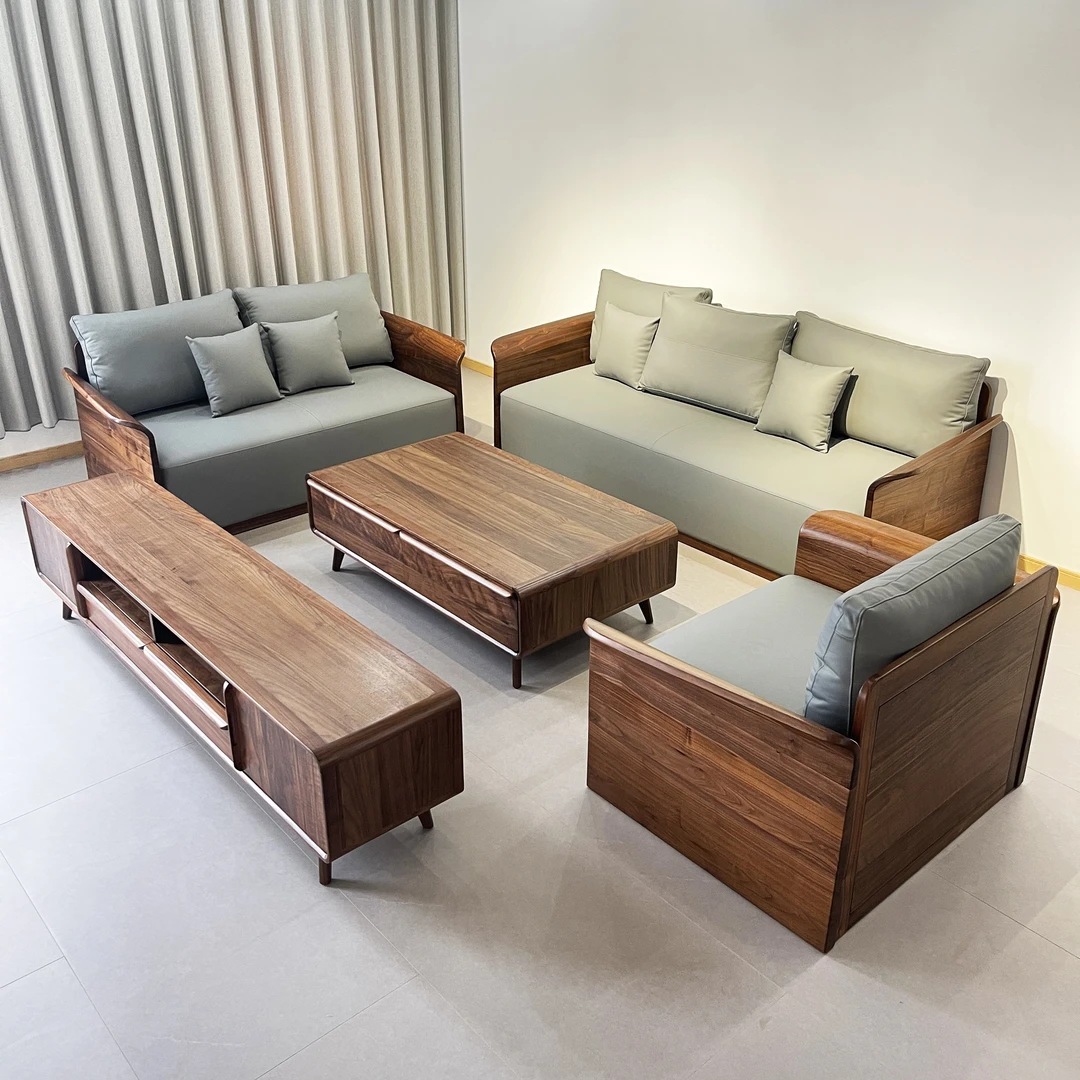 北美黑胡桃木沙发新中式实木真皮沙发北欧现代直排四人位极简沙发