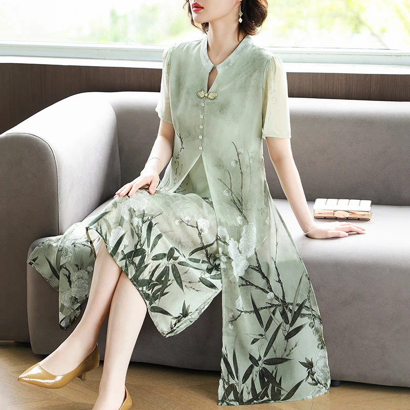 母亲节妈妈装夏季国风短袖休闲连衣裙女装新中式印花舒适休闲长裙