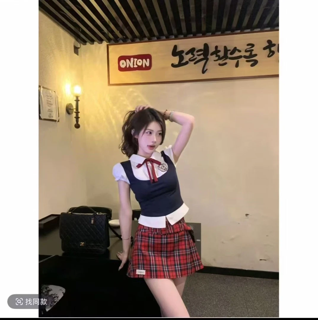 大码【甜心美式】夏季纯欲风马甲衬衫假两件上衣格纹半裙套装9605