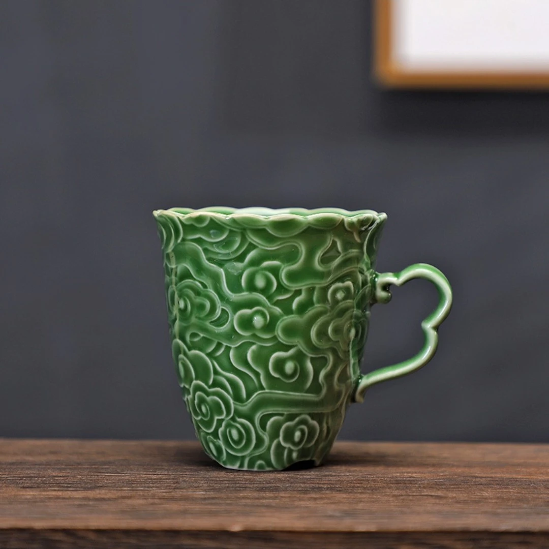 翠绿祥云把手陶瓷小号马克杯防烫品茗杯咖啡杯茶盏