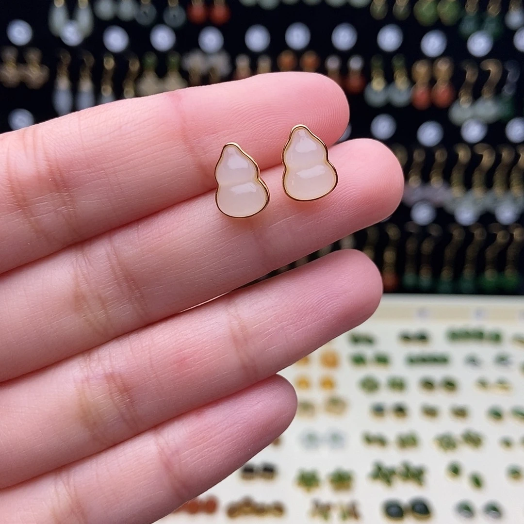 和田玉银S925镀金镶嵌耳饰