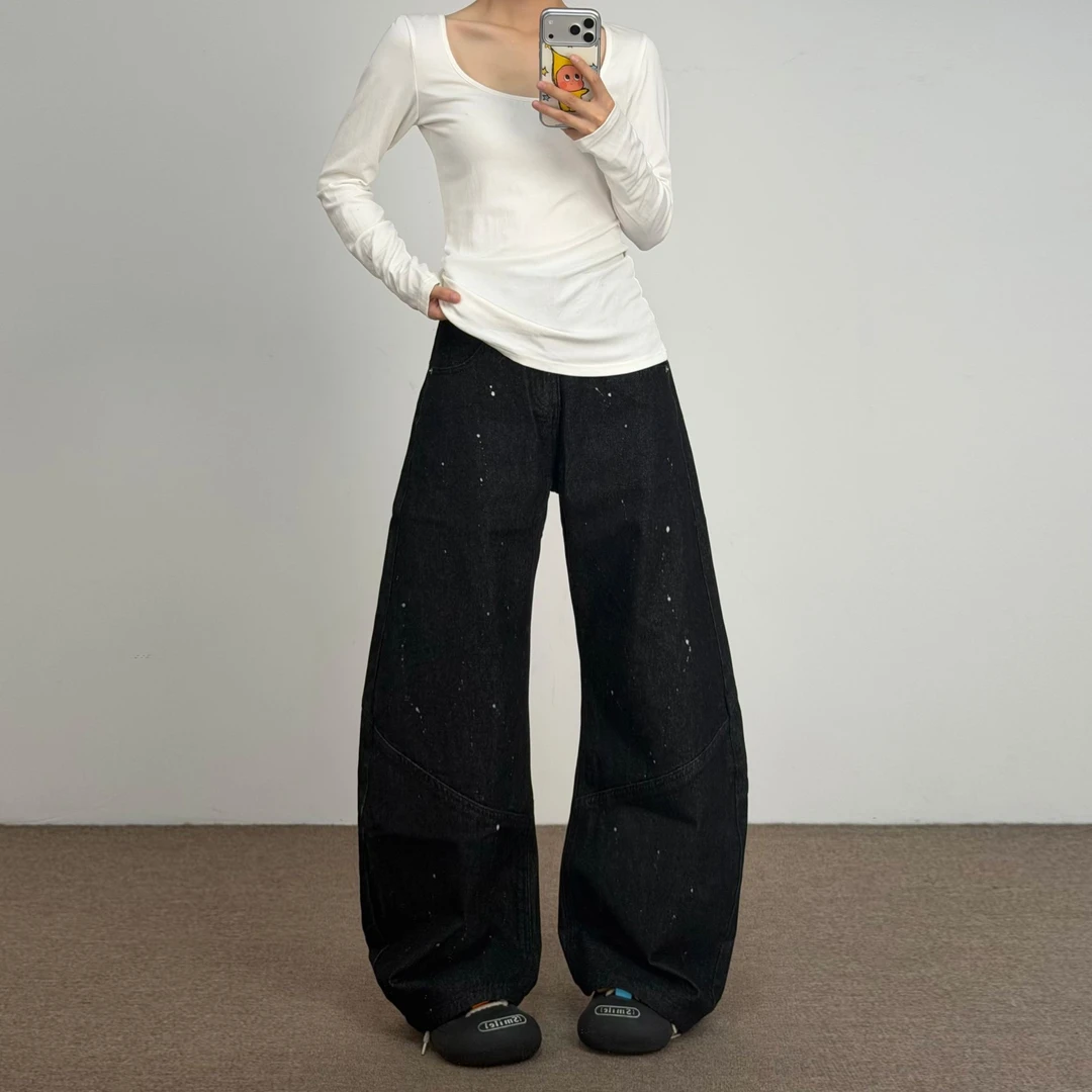JADE QILIN美式复古弯刀牛仔裤泼墨原牛宽松直筒星星条纹印花长裤