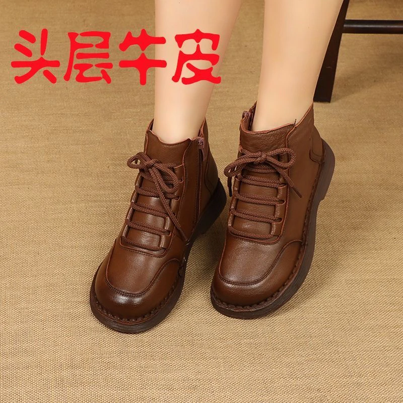 休闲加绒真皮女靴子复古妈妈皮靴冬季新款马丁靴软底保暖棉鞋厚棉