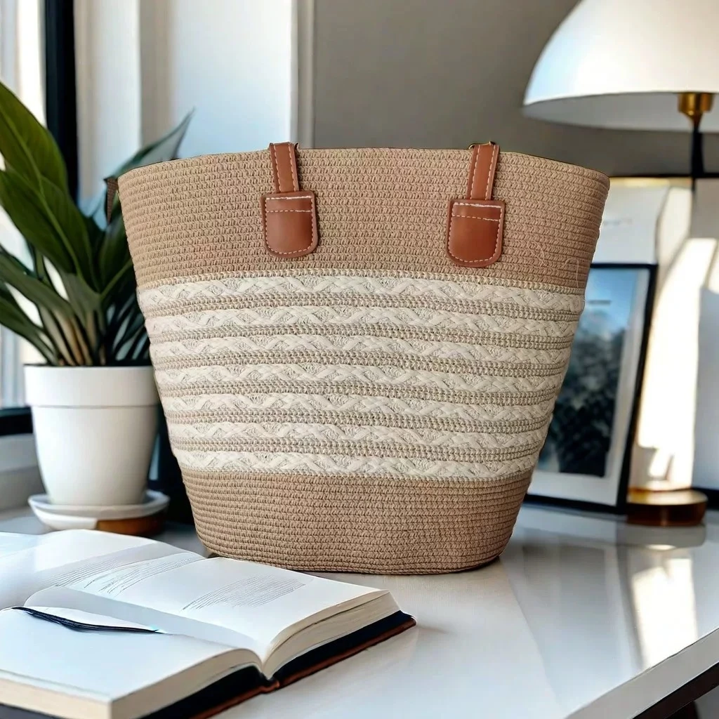 2025夏日草编条纹包包时尚编制女士单肩包