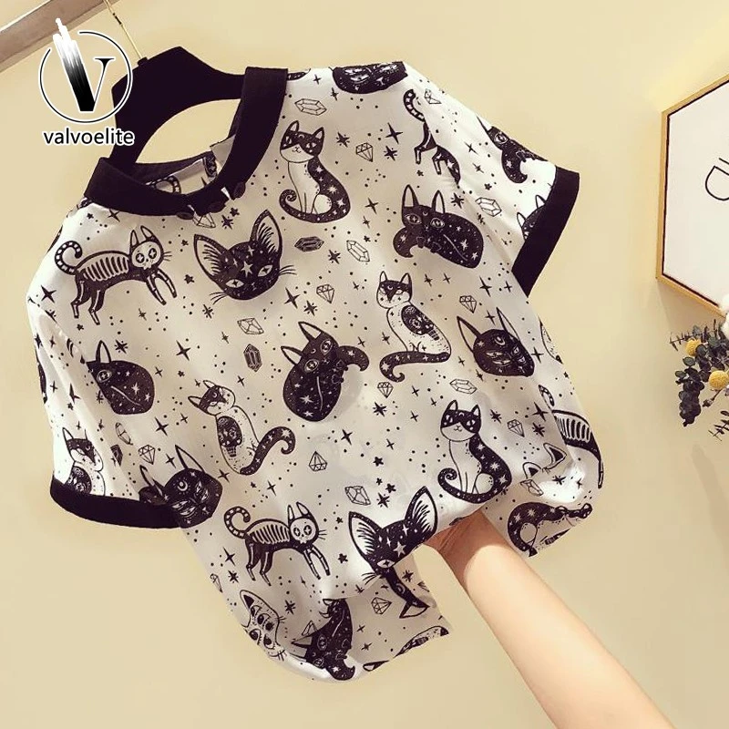 VALVOELITE上衣女短袖夏款超仙猫咪印花T恤夏款外穿短袖蕾丝上衣