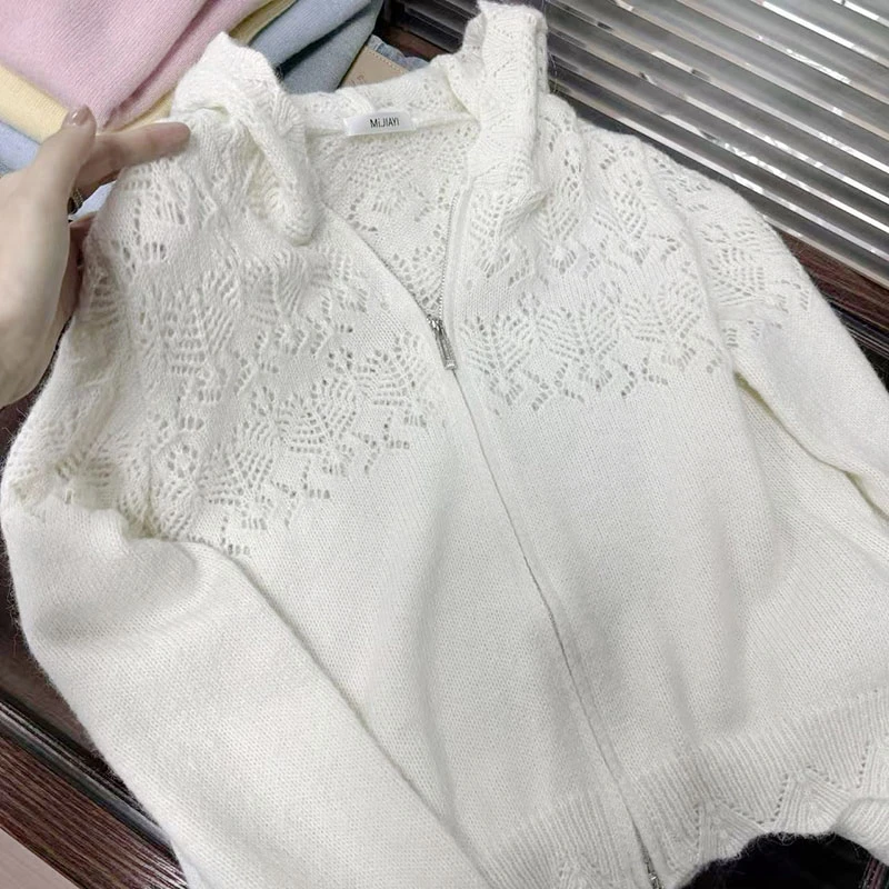 【拉链镂空连帽衫】巨好穿！超仙慵懒风宽松百搭钩花镂空针织衫女