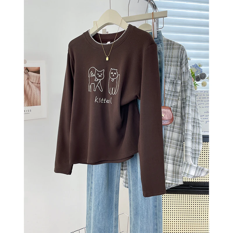 独特漂亮chic加绒卡通猫咪刺绣长袖T恤女秋冬季内搭保暖宽松T恤衫