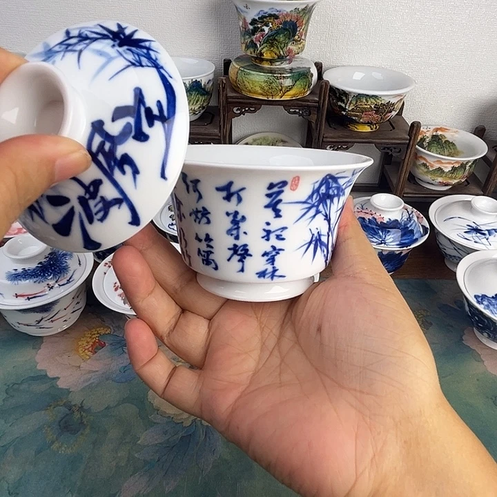忠意堂釉下彩定风波盖碗