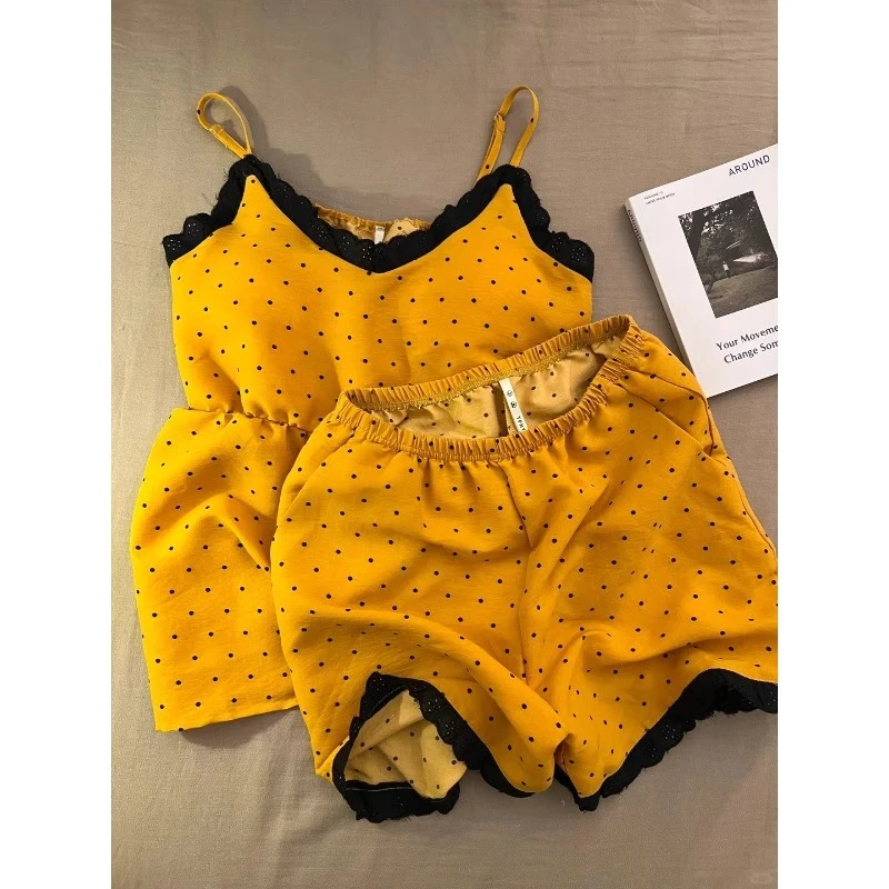 少女纯欲风花边拼接波点吊带睡衣女款夏季新款短裤套装居家可外穿