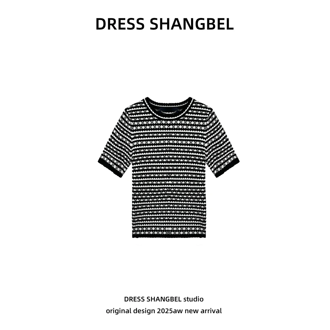 DRESS-夏新款C波浪花边撞色条纹提花针织衫5120