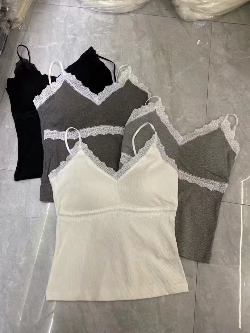 时尚性感拼接蕾丝双V领打底上衣纯色修身内搭吊带背心