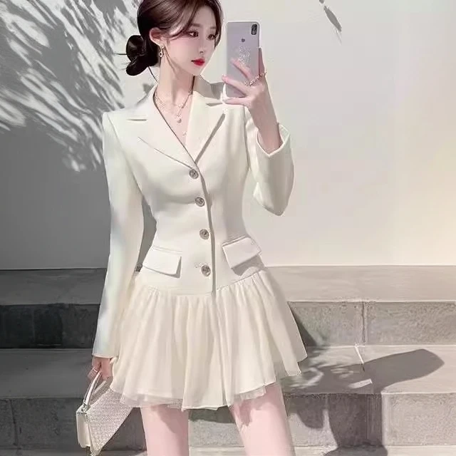 2025网红新品小香风拼接西装连衣裙女法式春夏新款裙子气质百褶裙