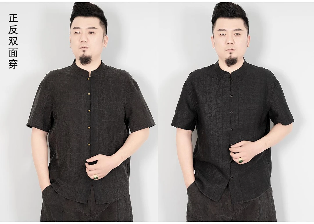 高端真丝香云纱男短袖衬衫夏季桑蚕丝莨绸中式衬衣双面穿复古开衫