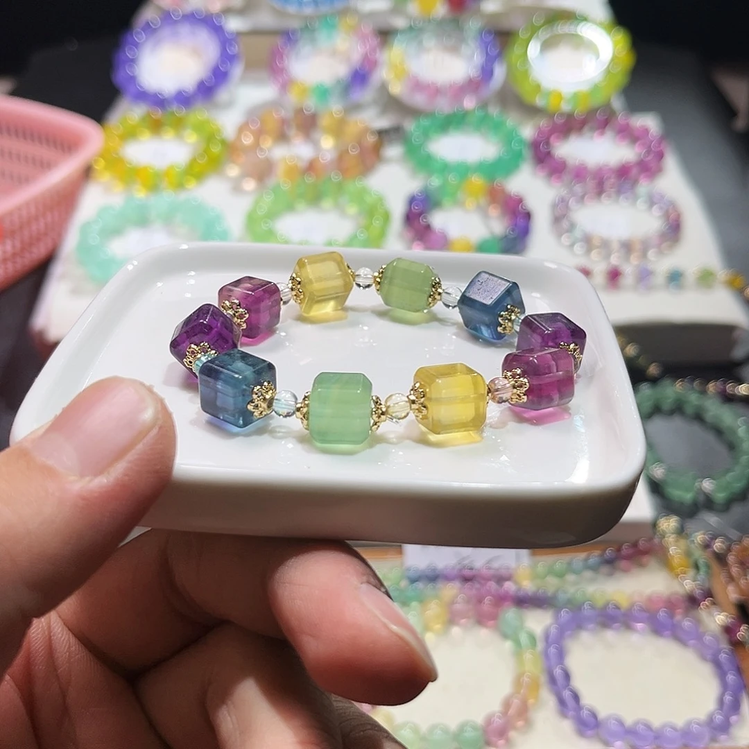 萤石未镶嵌手串彩虹方糖10mm