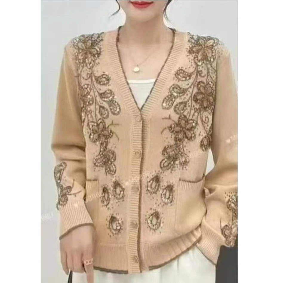 中老年秋冬针织长袖V领珠绣开衫时尚