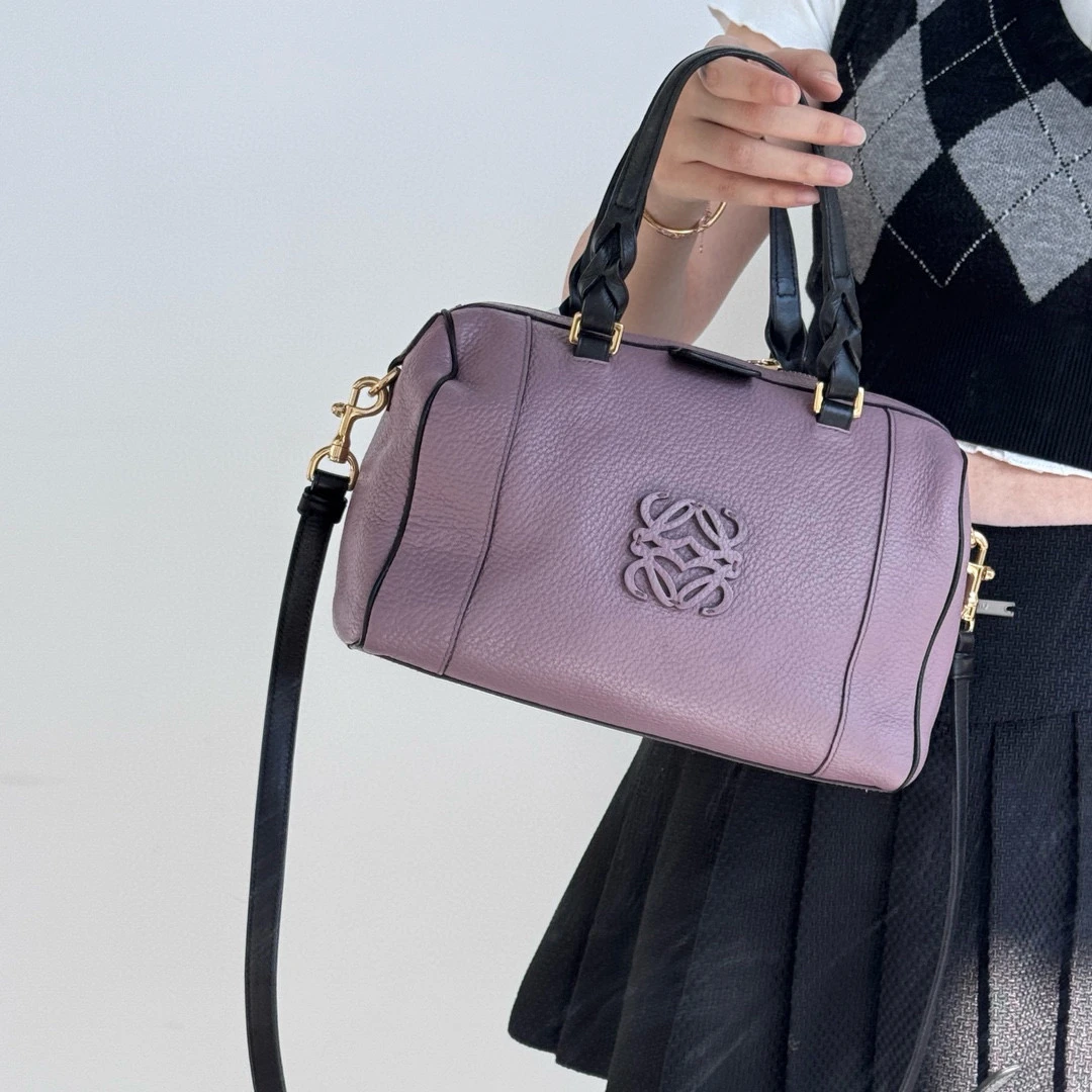 95新 LOEWE/罗意威 loewe灰紫色手提斜挎波士顿包