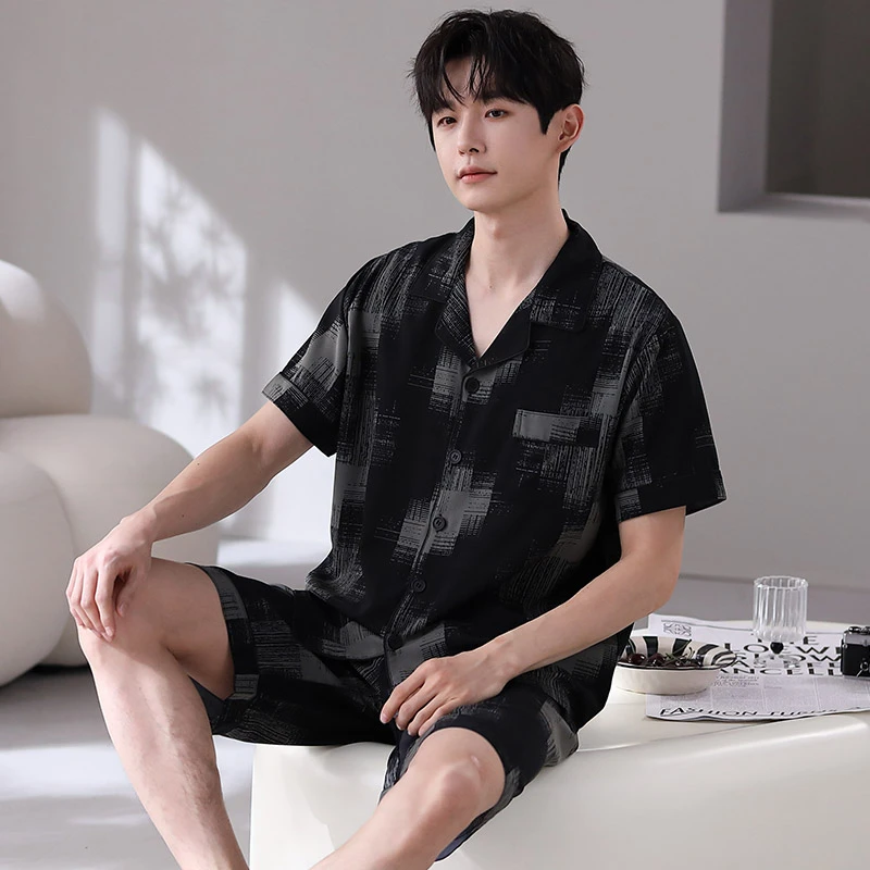 2025新款冰丝短袖男士睡衣青少年学生休闲男款夏季格纹家居服套装