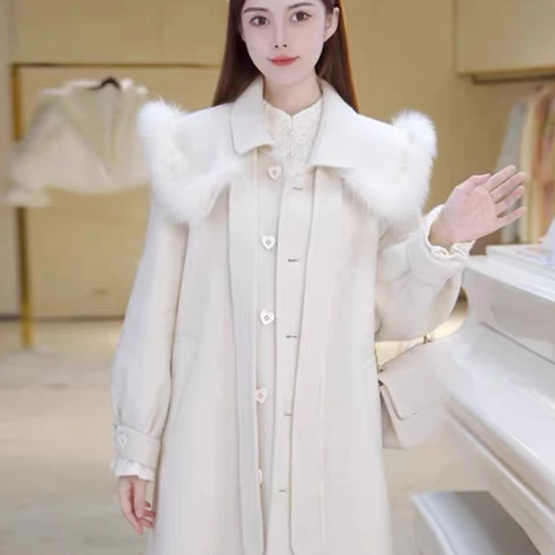 冬季新款2218可拆卸毛领披肩长款毛呢外套大衣（以直播间实物为主）
