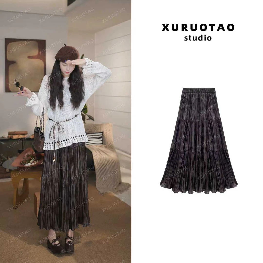 XURUOTAO 【压褶皮裙】重工设计感显瘦松紧时髦棕色半身裙 T5566