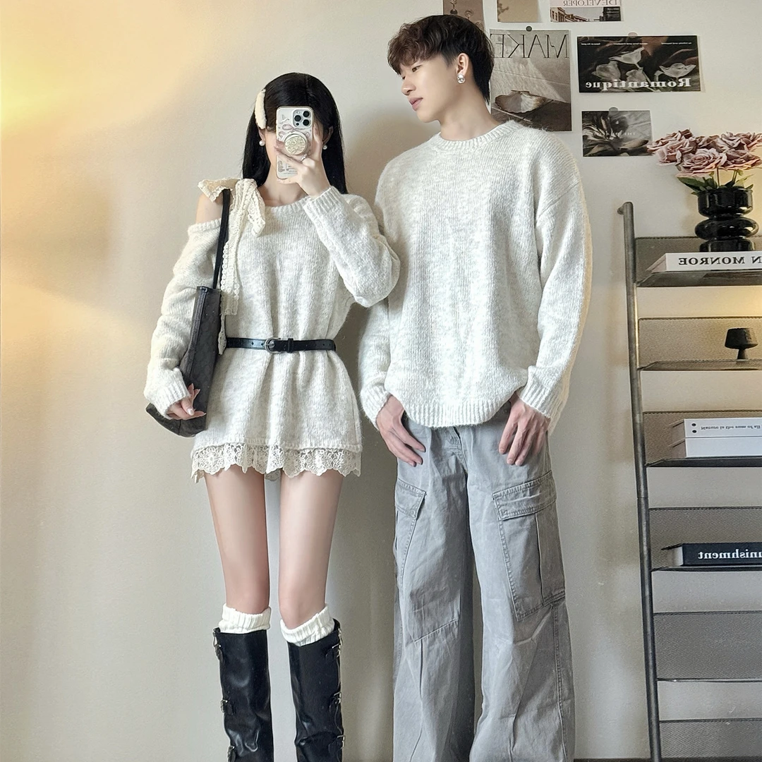 法式情侣装一裙一衣2025新款秋冬ins高级感蕾丝边毛衣针织连衣裙