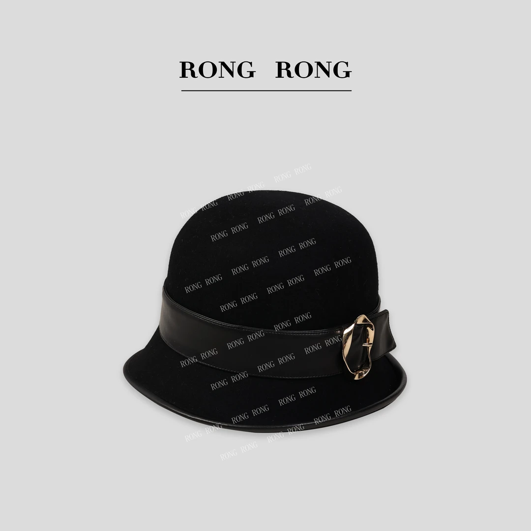 溶溶JRONGRONG 100绵羊毛皮革装饰法式轻奢礼帽1011008702270001