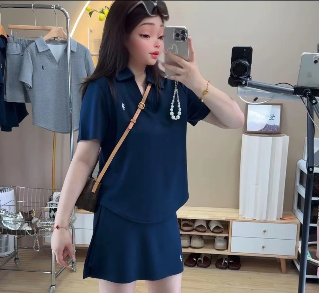 2025大码女装运动风刺绣短袖短裙套装千金清冷感贵系衣服