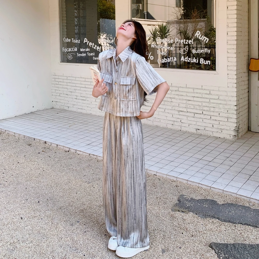 复古高级感扎染条纹套装裤女2025年夏季新款休闲衬衫阔腿裤两件套