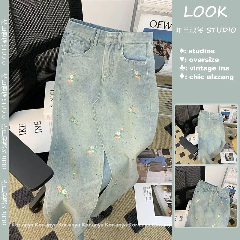 3259#新中式翠花刺绣牛仔半身裙女夏季高腰烫钻开叉A字裙包臀裙子