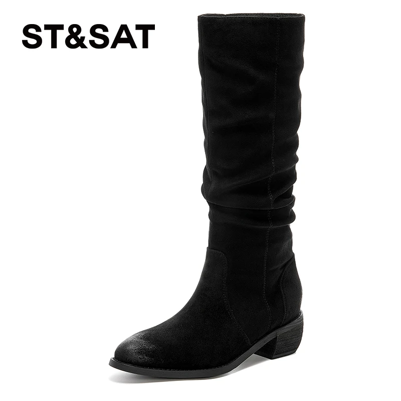 星期六时尚百搭方跟时装靴2025秋季新款舒适通勤美拉德西部长筒靴