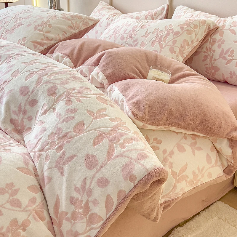 冬天加厚牛奶绒四件套单人雕花抗静电加绒可机洗床单被罩不掉毛