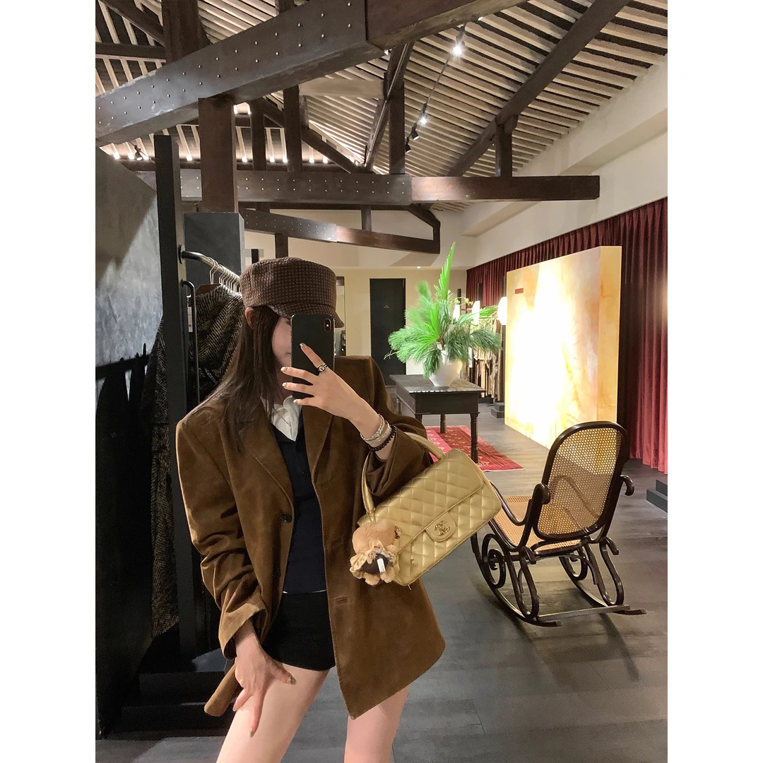 美拉德复古棕色麂皮西装外套女秋季2025新款高级感宽松休闲上衣