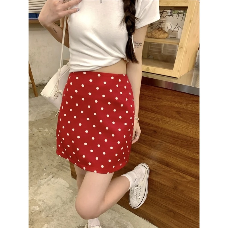 复古波点高腰半身裙女夏季百搭修身显廋气质a字包臀短裙子