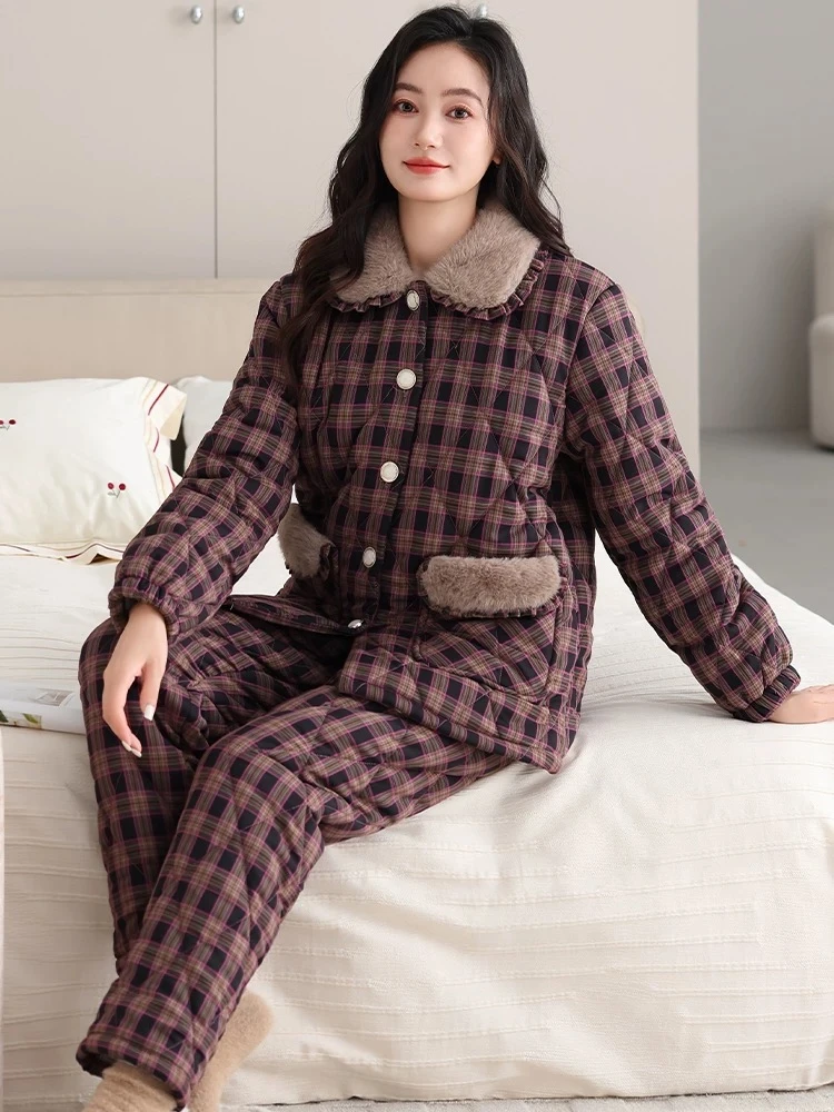 梭织纯棉格子翻领冬季睡衣女三层夹棉袄中年妈妈家居服套装可外穿