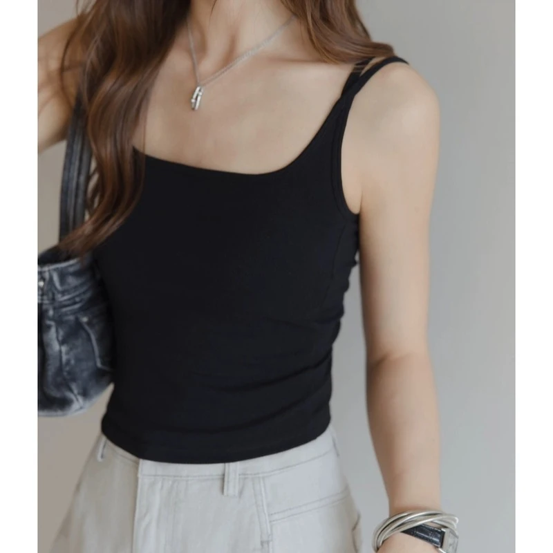 夏季方领自带胸垫双肩带背心外穿显瘦美背A19011