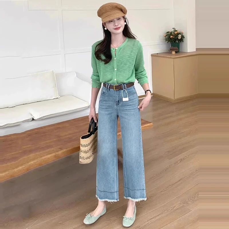 小个子显高显瘦蓝色九分牛仔裤2025春夏大码遮胯遮腿粗毛边阔腿裤