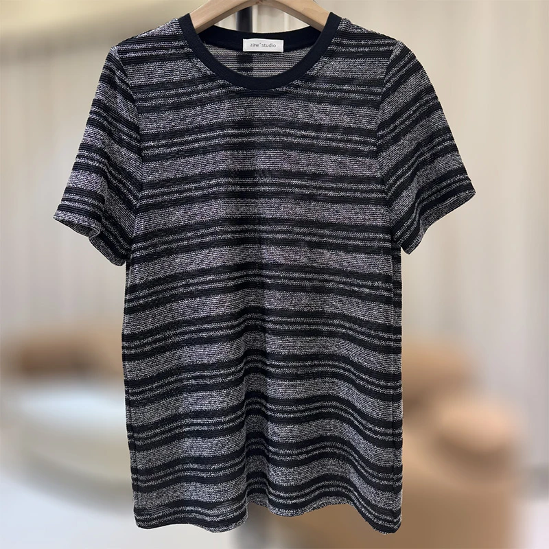 zaw胖妹妹大码女装条纹针织衫胖mm上衣显瘦遮肉短袖t/25258