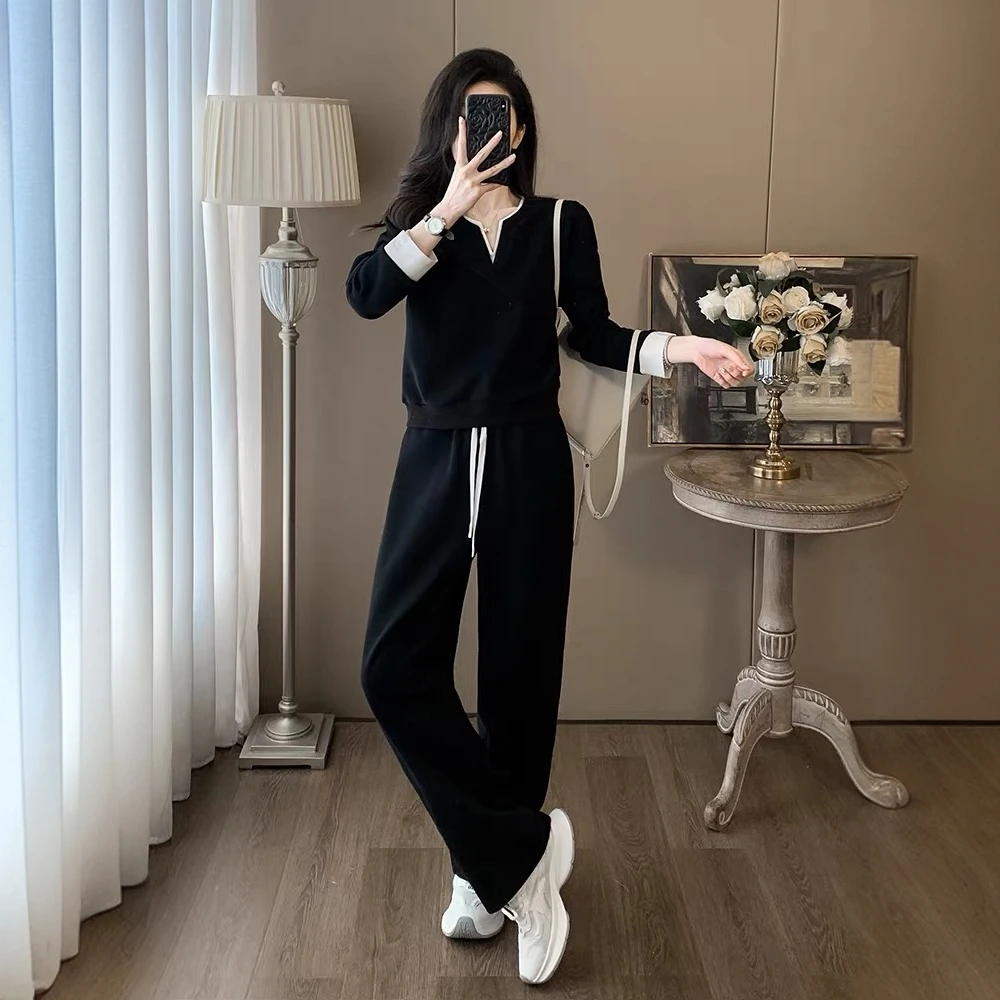 时尚休闲V领长袖显瘦阔腿裤撞色运动套装女秋装高级感减龄两件套