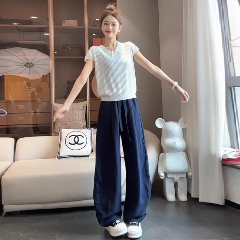 藏青色夏日垂感阔腿裤女薄款梨形身材小个子高腰宽松显瘦直筒长裤