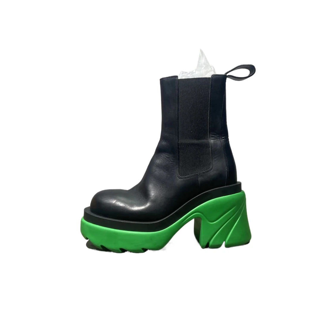 95新 BOTTEGA VENETA/葆蝶家 35.5码 黑绿粗跟中筒靴  re9213