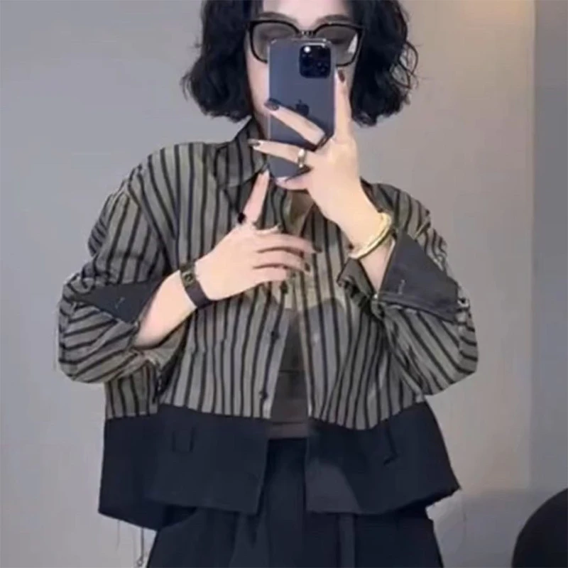 2025春秋新款欧货复古条纹拼接长袖衬衫今年流行爆款设计感短上衣