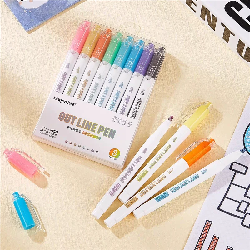 双线轮廓笔按压出墨荧光笔空心笔夹心笔闪光笔手帐笔专用手抄报