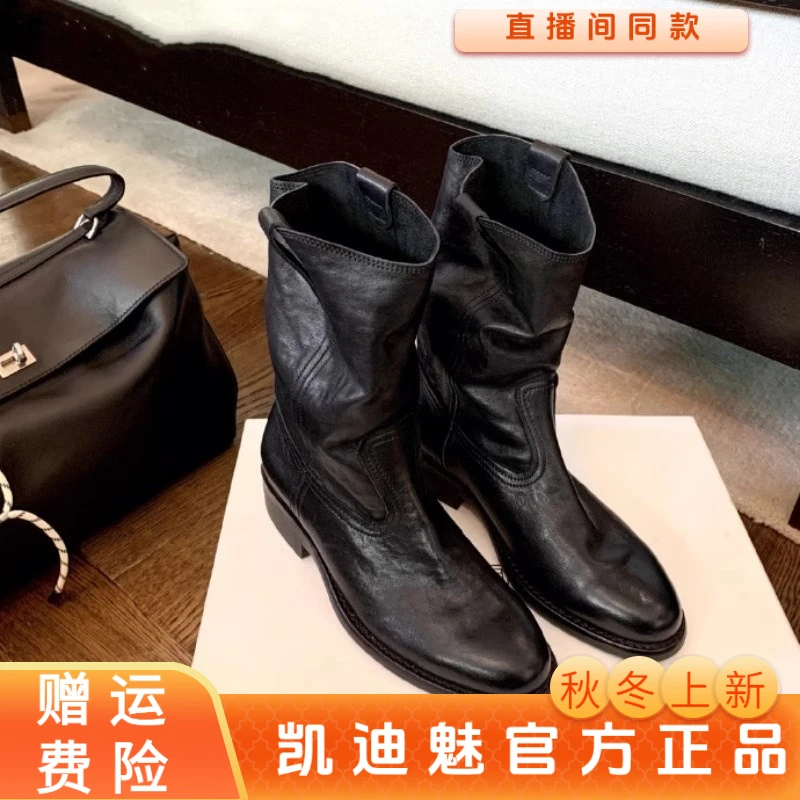 复古圆头V口西部靴女2025秋冬英伦风粗跟中高筒骑士靴短靴子牛仔