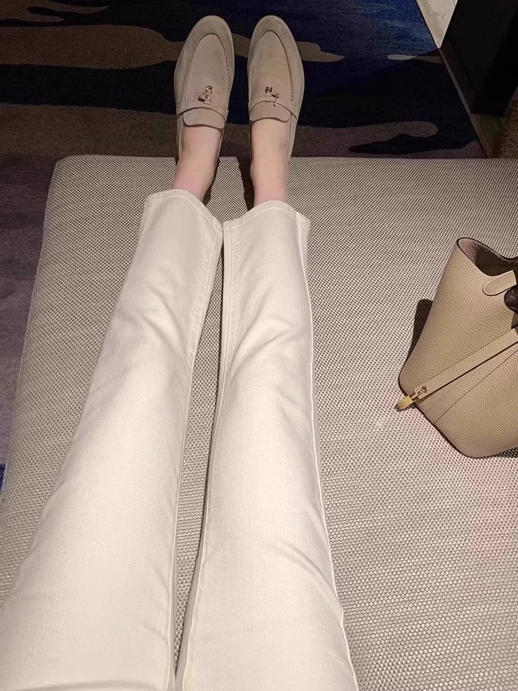 米白色直筒夏季牛仔裤女2025年新款薄款八九分小个子弹力烟管裤子