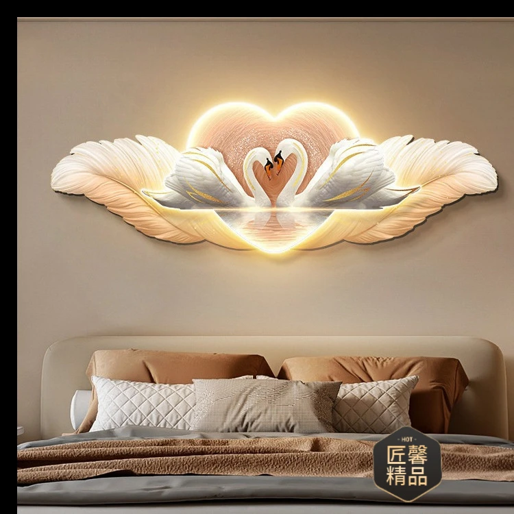 天鹅卧室装饰画高级感主卧房间床头挂画轻奢羽毛客厅背景墙面壁画