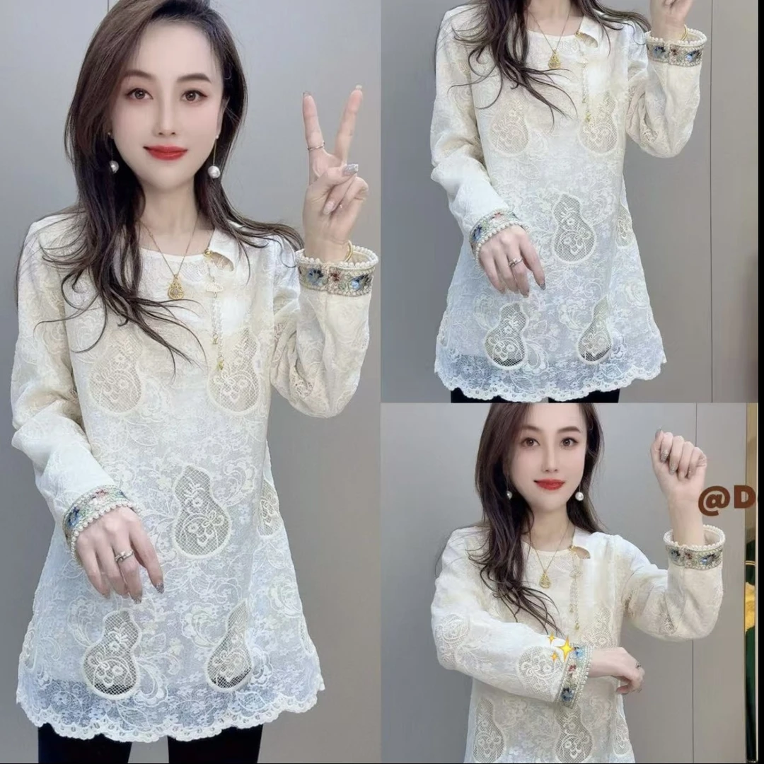 【刺绣葫芦】新中式洋气钉珠蕾丝秋冬国风新款上衣宽松显瘦小衫