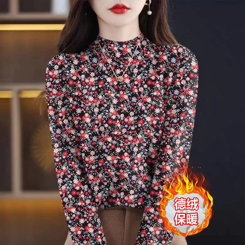 大码秋冬半高领德绒打底衫女士百搭保暖上衣薄绒显瘦遮肚高档长袖