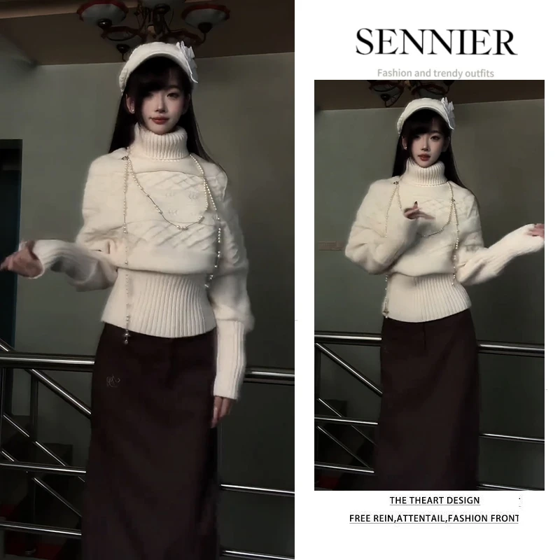 秋季穿搭女2025新款韩版时尚高领收腰针织上衣气质半身裙两件套装
